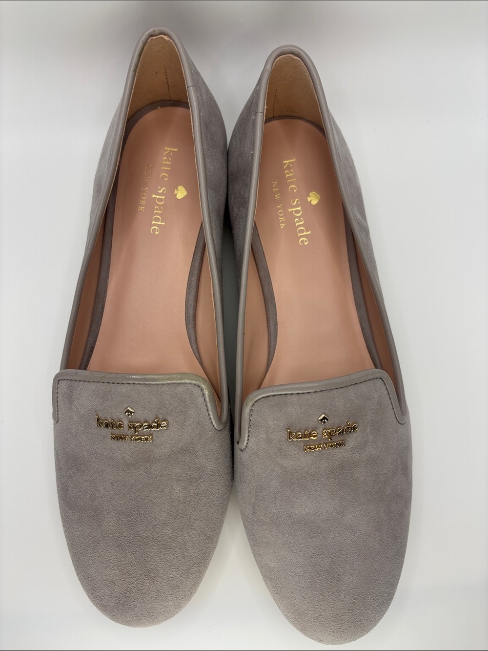 kate spade Gray Suede Slip-On Loafers with Gold Logo - Picture 2 of 12